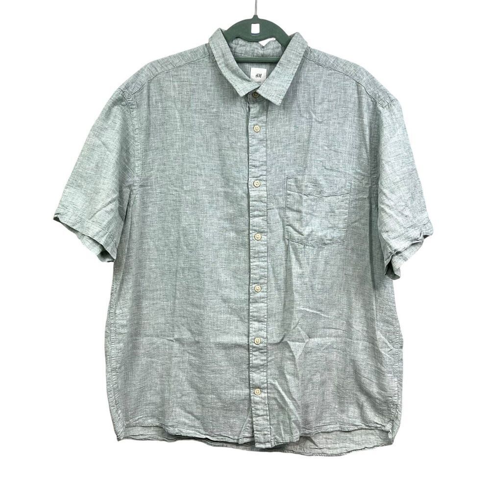 H&M Womens Linen Blend Shirt Top Collared Button Up Regular Fit Green Sz XL*